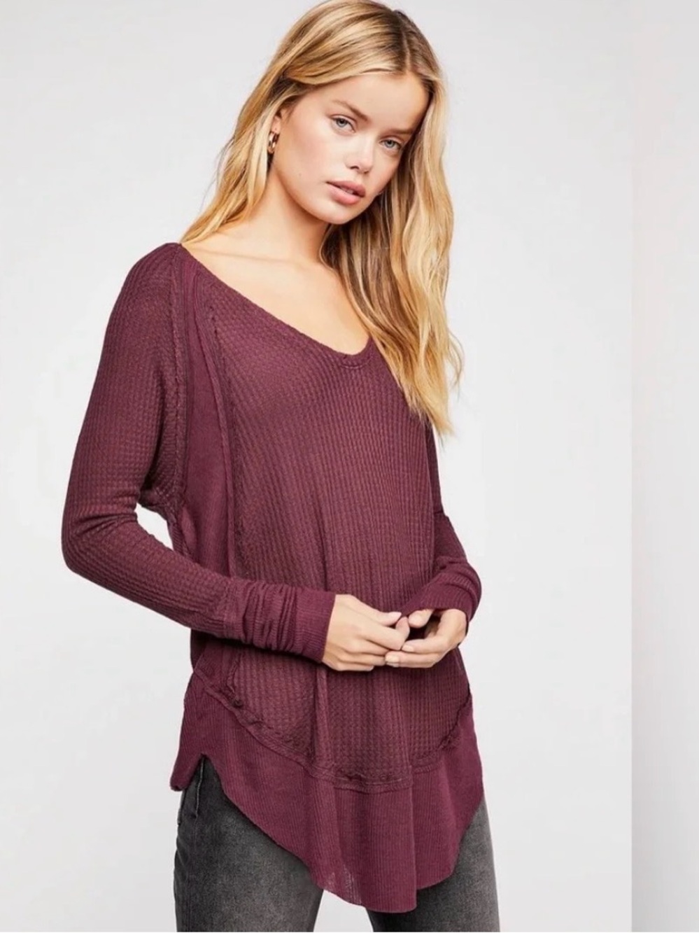 Free people large burgundy plum purple waffle top